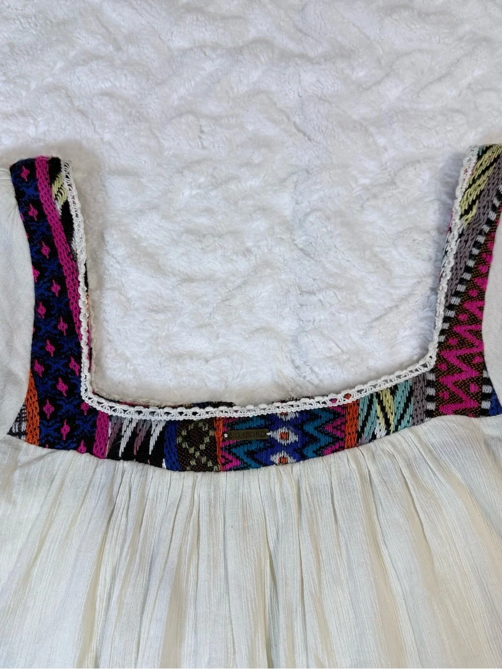 Billabong White Peasant Blouse with Multicolor Embroidered Square Neck- Size L - Picture 3 of 15